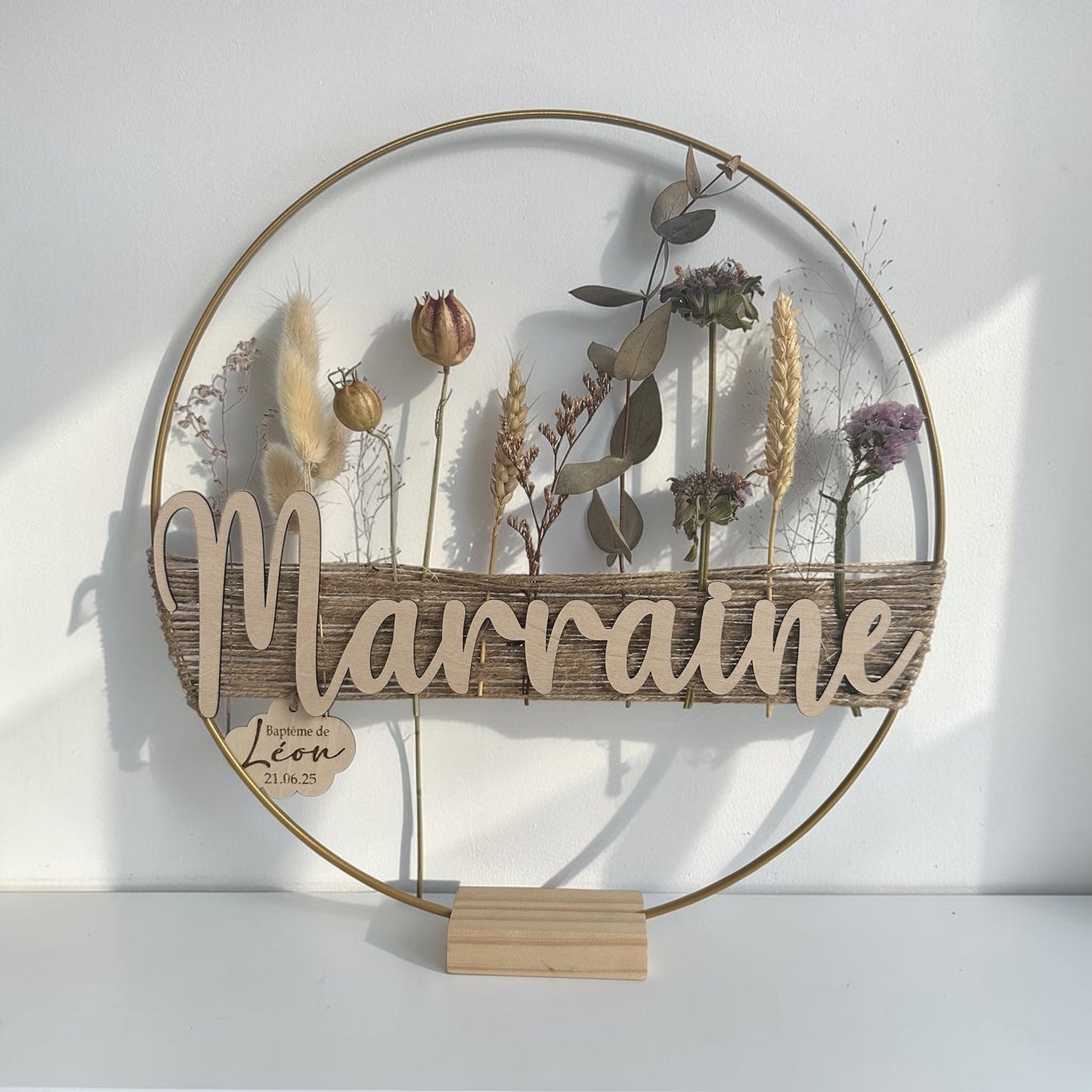 Couronne de fleurs séchées - Personnalisation en bois ou laine