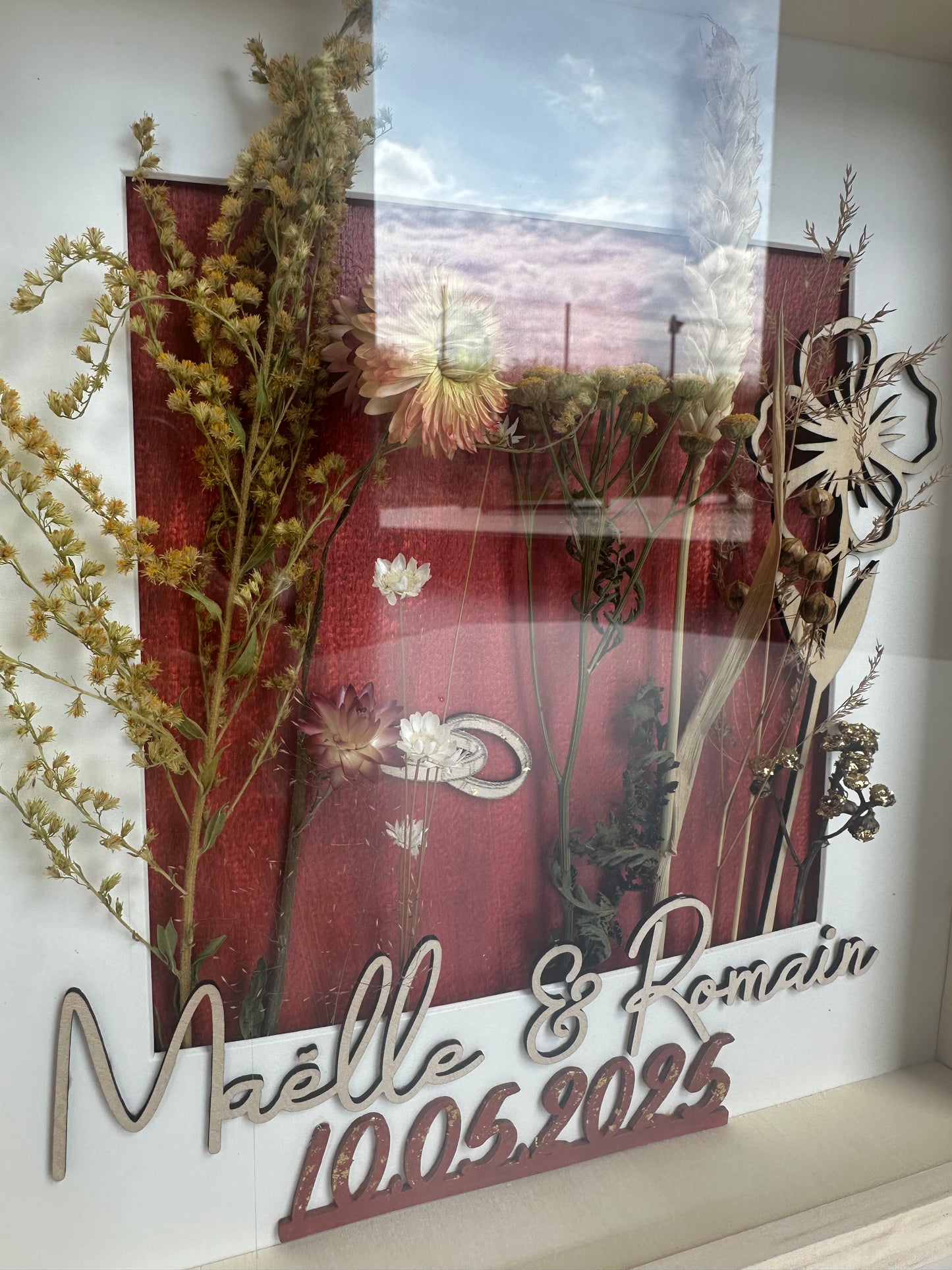 Cadre floral personnalisé bois | Fleurs séchées souvenir unique