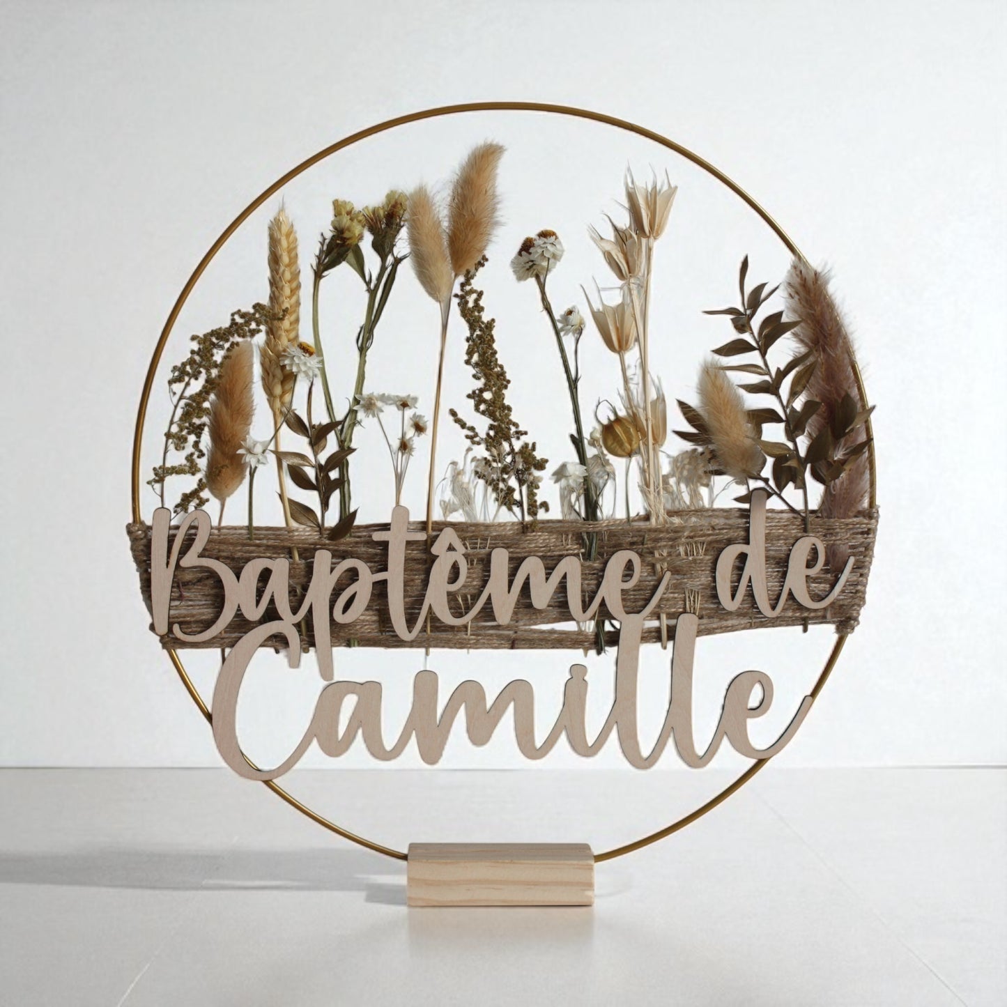 Couronne de fleurs séchées - Personnalisation en bois ou laine