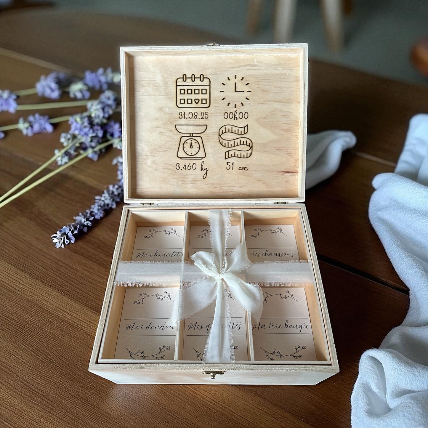 Coffret naissance personnalisé en bois - Boîte souvenirs bébé